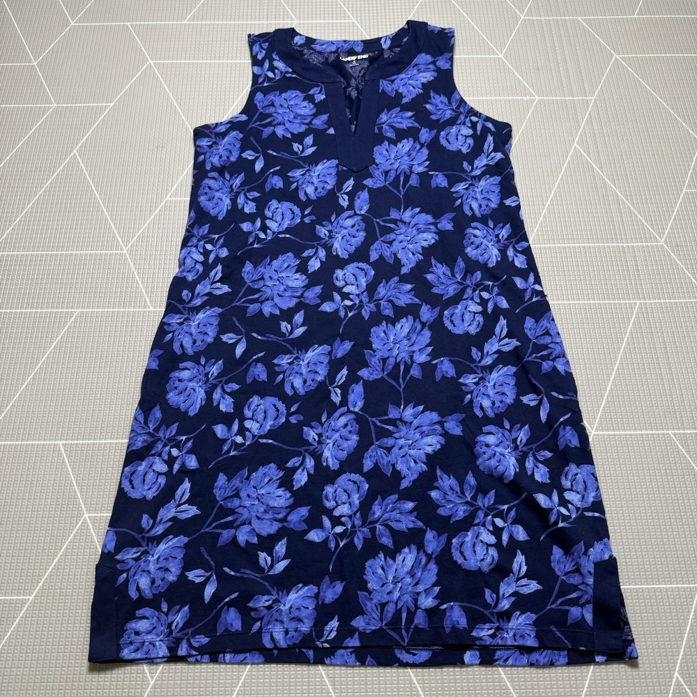 Lands' End Cotton Jersey Notch Neck Dress S (6-8) Blue Floral Cotton Sleeveless